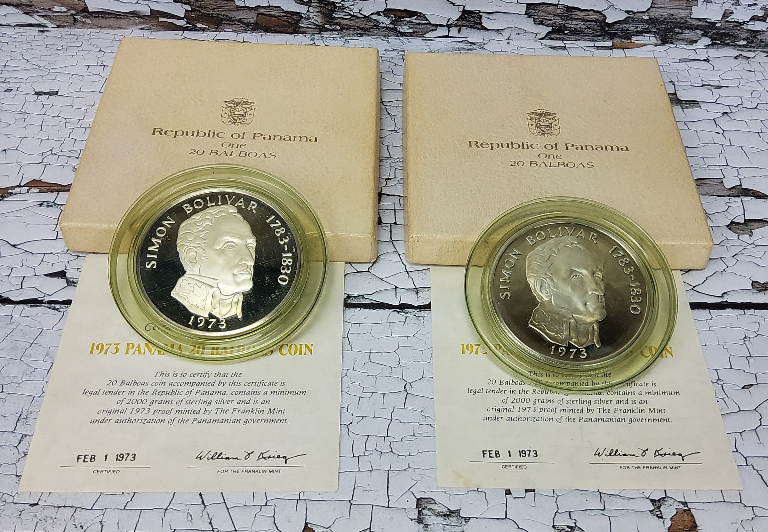 Two 1973 Frosted Proof Panama 20 Balboas Coins, In Presentation Cases