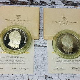 Two 1973 Frosted Proof Panama 20 Balboas Coins, In Presentation Cases
