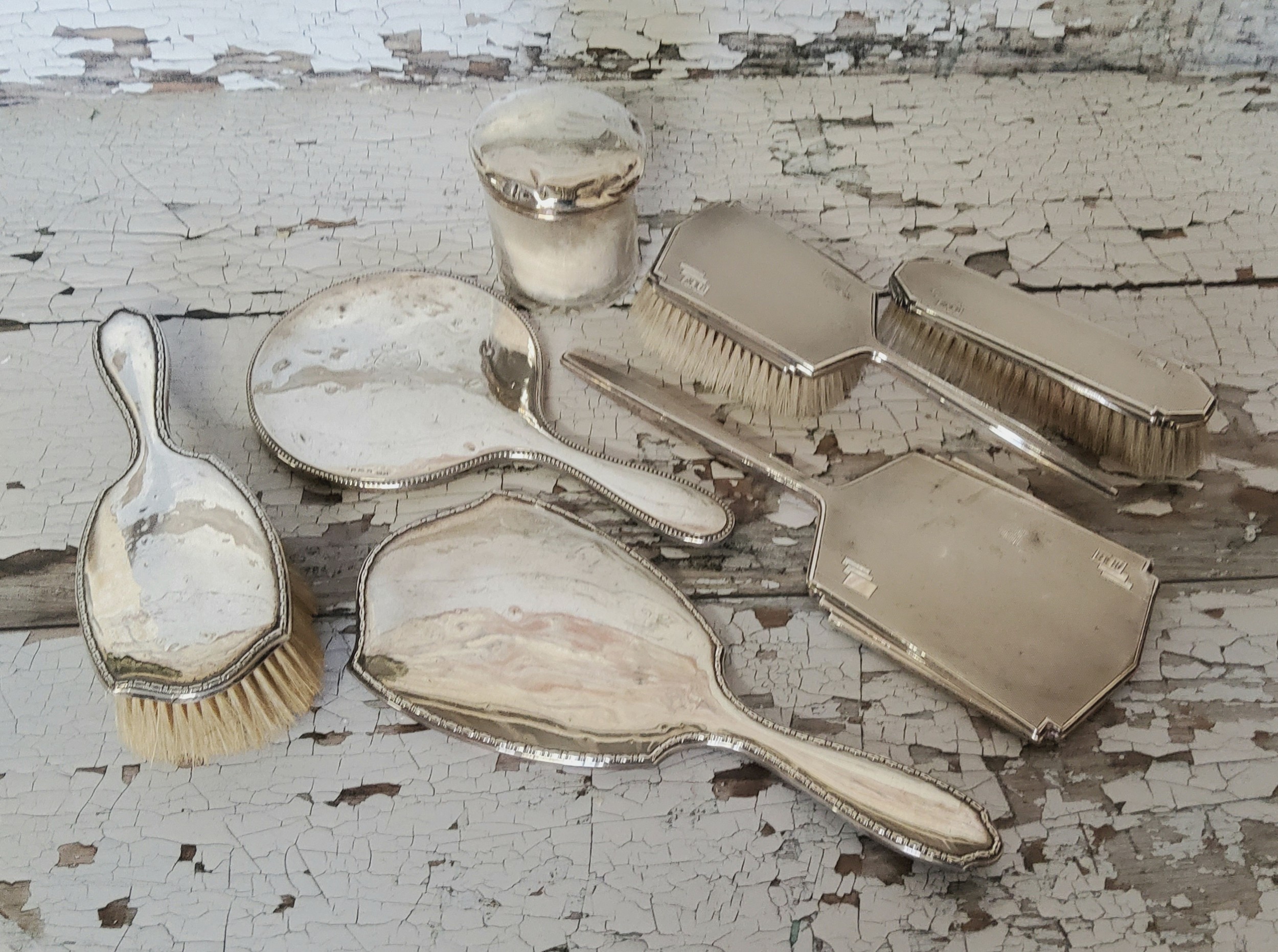 Art Deco Silver Backed Three Piece Dressing Table Set, Walker & Hall, Sheffield, 1928