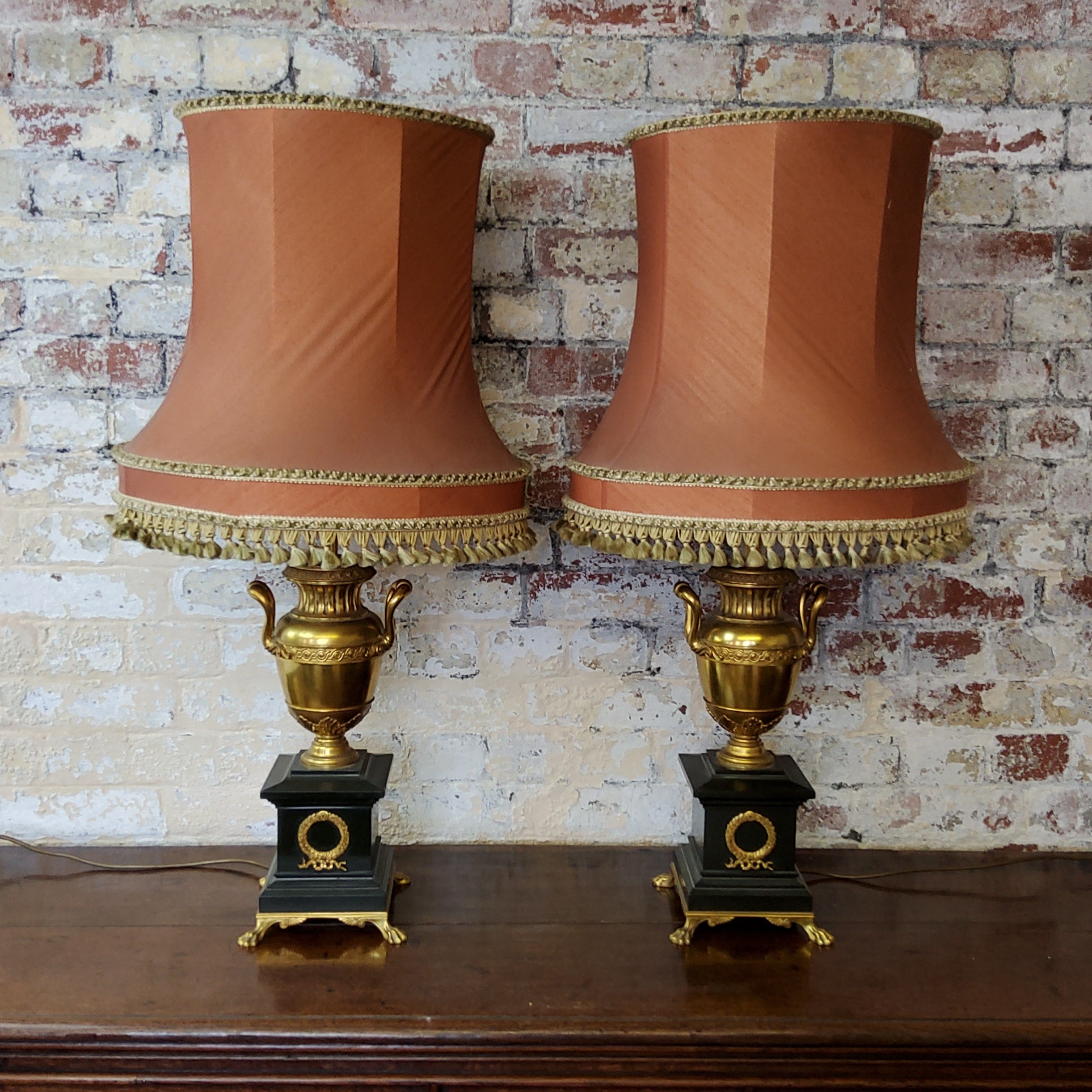 Pair Of Large Twin Handled Urnular Parcel Gilt And Belgian Black Marble Table Lamps