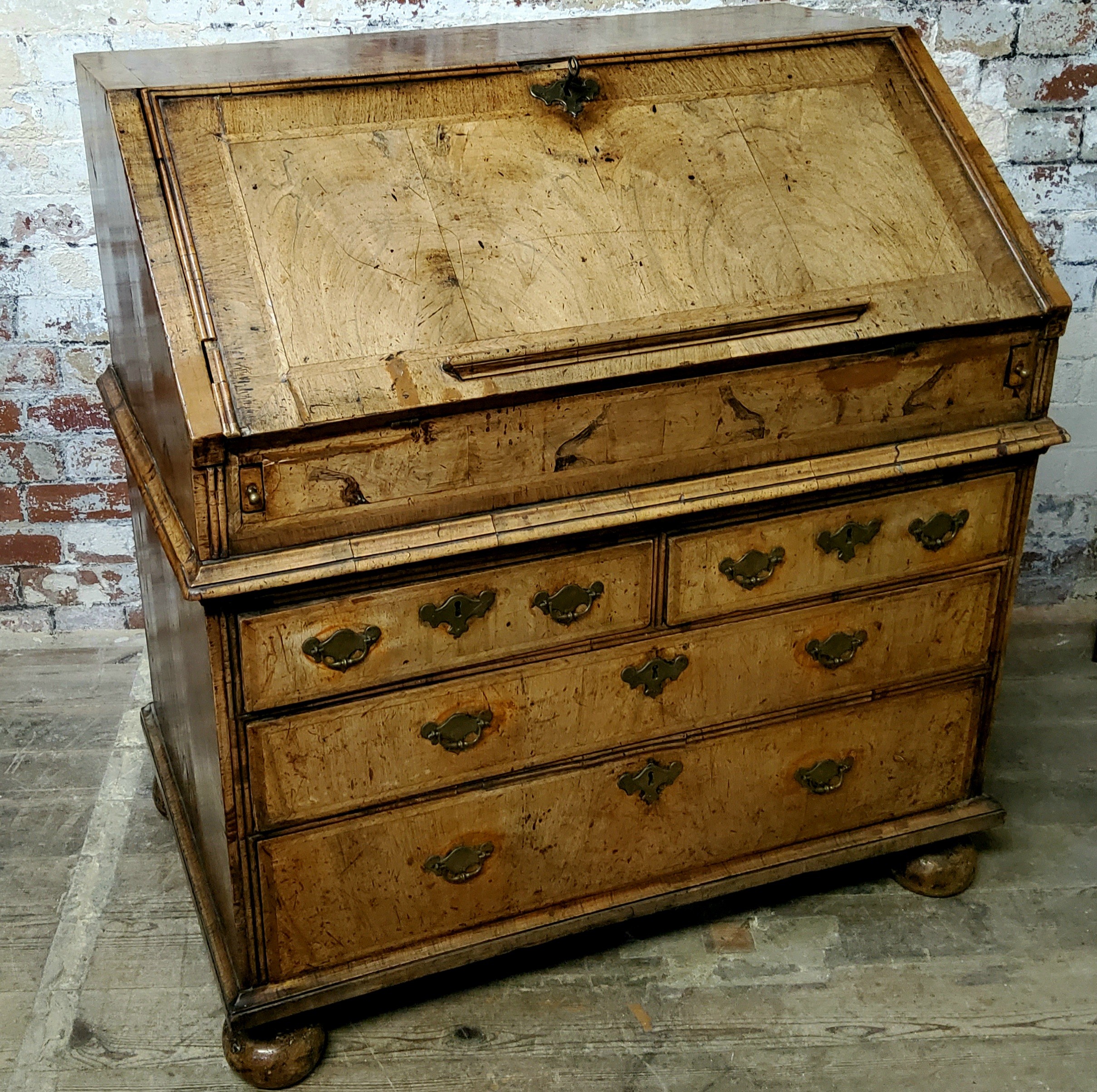 A Period Queen Anne Burr Walnut Feather Banded Bureau